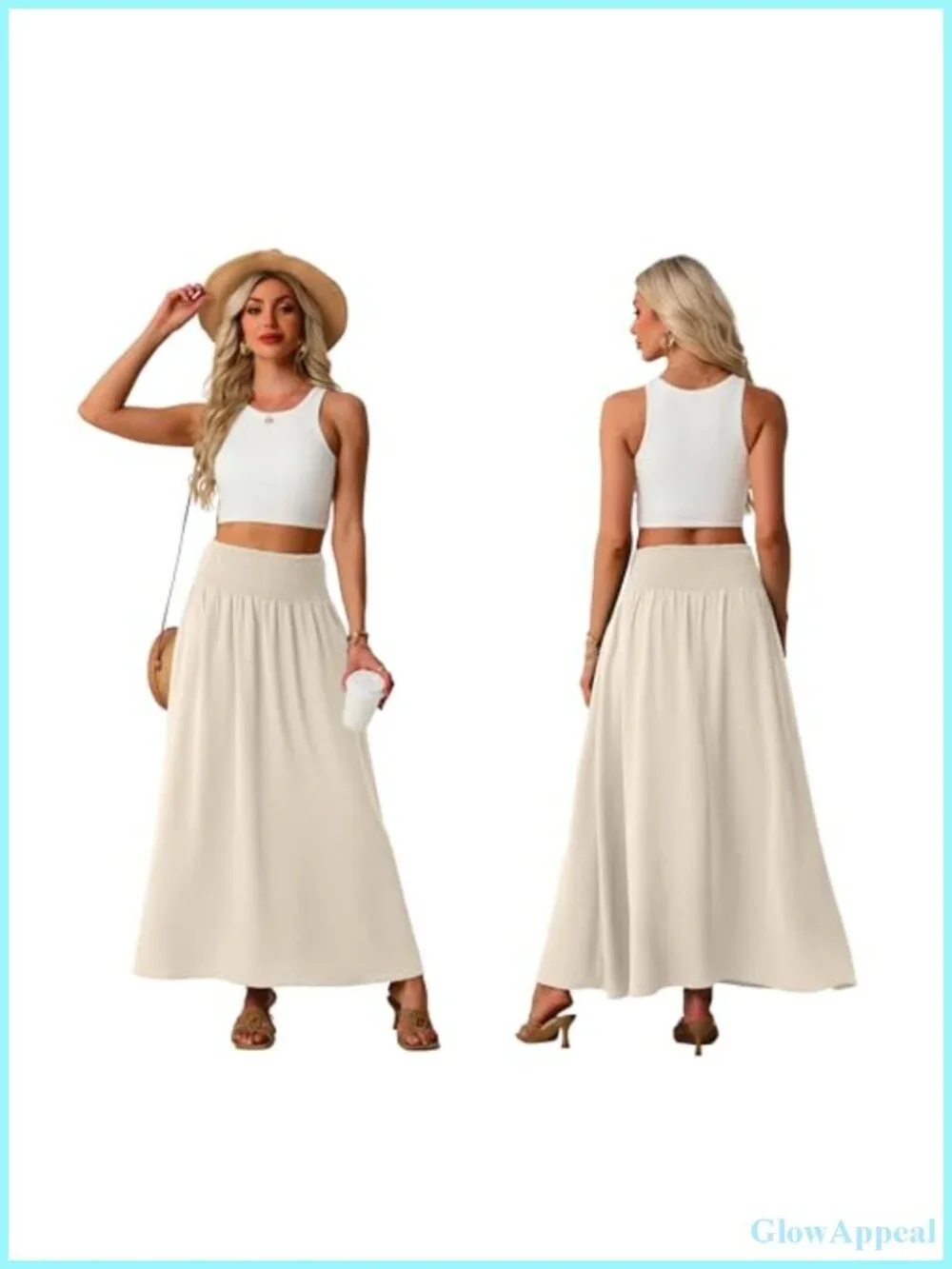 Women's Maxi Skirt High Waisted Smocked Elastic Boho Swing Pleated Long Skirt